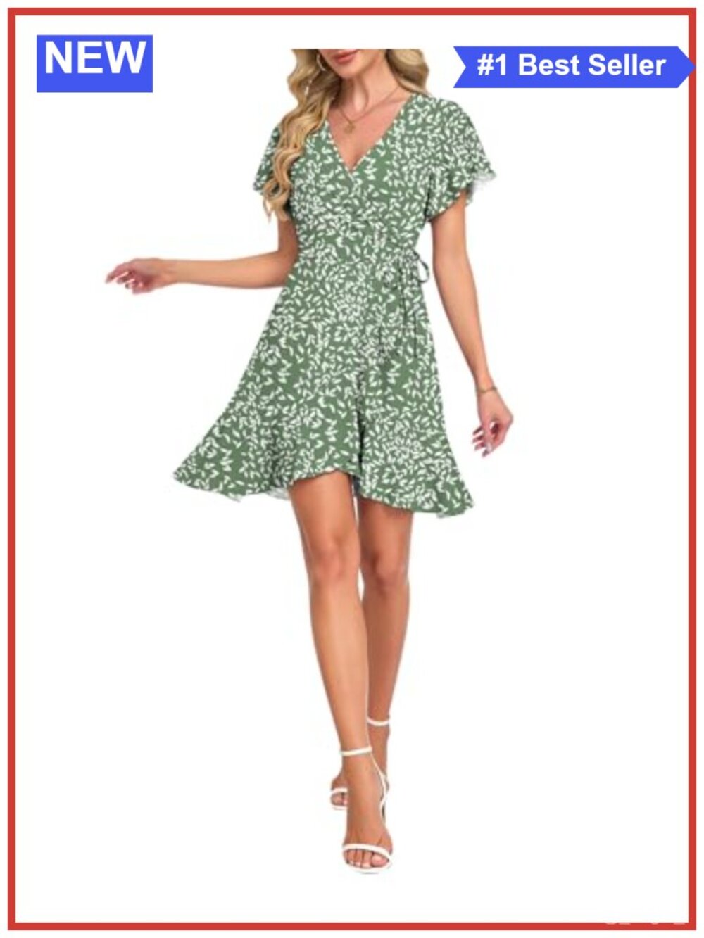 AUSELILY Women's Mini Wrap Dress with Short Flutter Sleeves and V-Neck